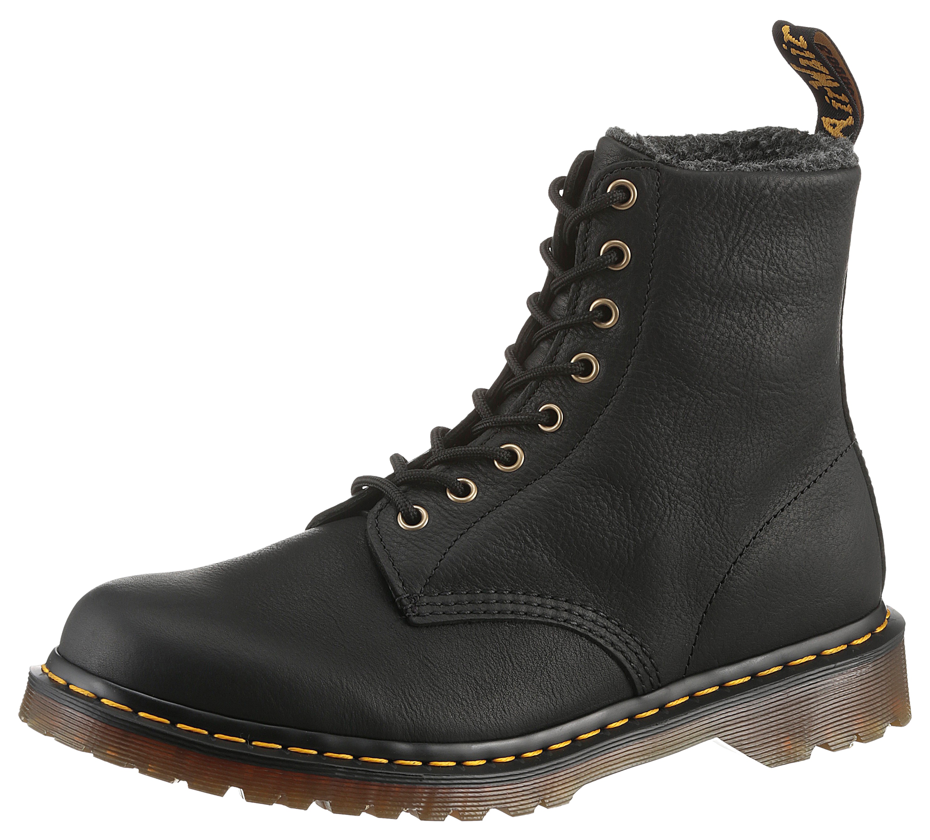 Schnürstiefelette DR. MARTENS "1460 schmale Form", Herren, Gr. 43, schwarz (schwarz grizzly), Leder, unifarben, Klassisch, Schuhe, Plateaustiefel, Winterstiefel mit modischem Blockabsatz