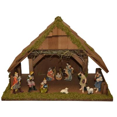 Krippe ALFRED KOLBE "Krippenstall", braun, B:47cm H:25cm T:28cm, Holz, Weihnachtskrippen, mit 12 cm Poly-Figuren 12tlg. Image