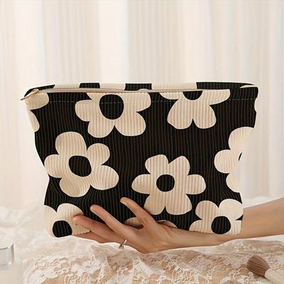 TEMU Floral Printed Corduroy Zippered Cosmetic Bag, 26cm/10.23inch X 18cm/7.08inch X 5cm/1.96inch, Lightweight And Versatile, Perfect For Makeup And Beauty Products