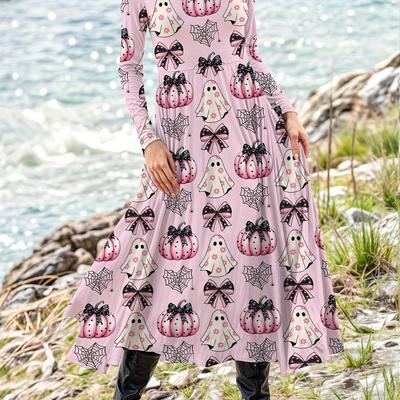 TEMU Pumpkin Print Crew Neck Dress, Casual Long Sleeve Dress, Women's Clothing