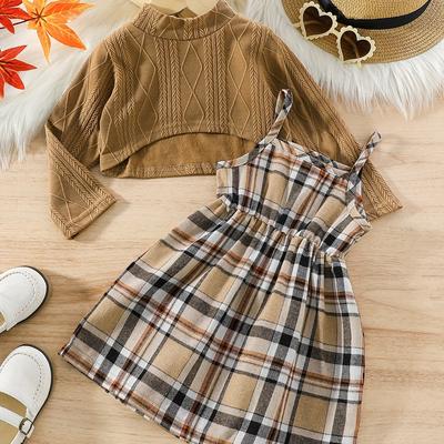 TEMU Elegant Children's Knit Skirt Set - Polyester Long Sleeve Asymmetrical Top With Plaid Slip Dress For Girls - Medium Stretch Fall/winter Outfit