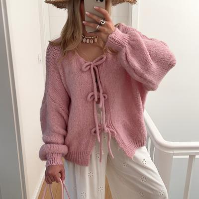 TEMU Elegant Winter Women's Knit Cardigan With Bow Detail, Long Sleeve Solid Color Shawl Collar Sweater