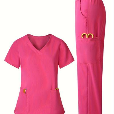 TEMU V-neck Scrub Top And Pants Set For Women - Polyester Blend, , V-neck, Solid Color, Pockets, Suitable For