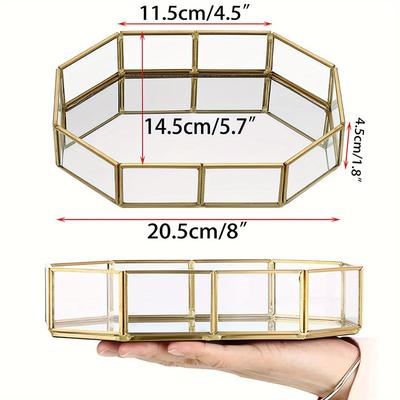 TEMU 1pc Vintage Octagonal Mirrored Glass Vanity Tray, 8-sided Jewelry Organizer, Multi-purpose Makeup & Perfume Holder, Home Decor Accessory, Tabletop Display Case