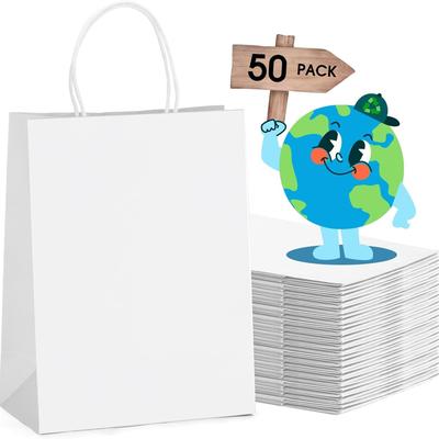 TEMU Gift Bags Bulk 8x4.25x10.5'' 50pcs White Kraft Shopping Paper Bags With Handles Bulk Medium Size Reusable For Small Business,grocery,birthday, Wedding,kids Party,favors