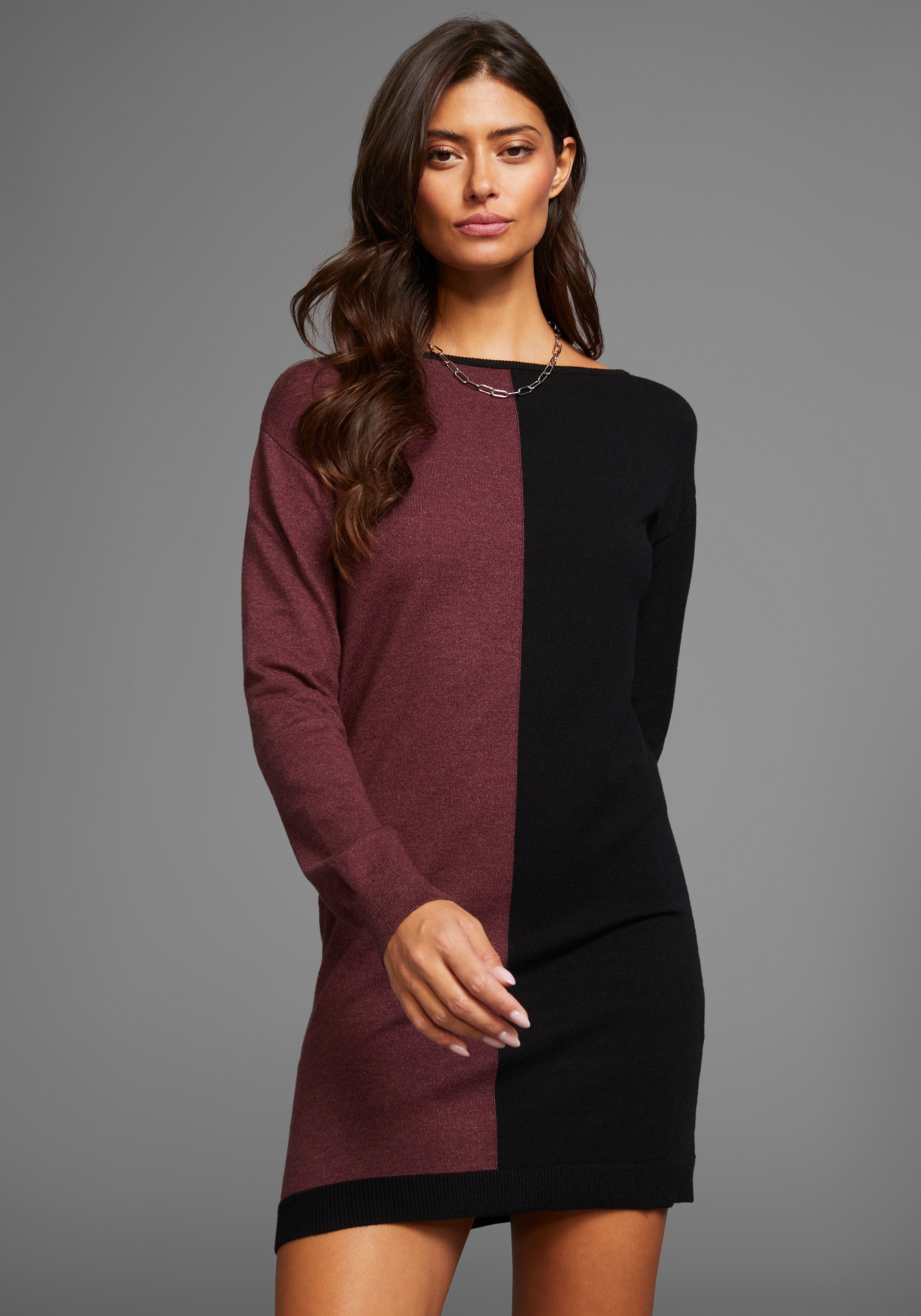 Strickkleid LAURA SCOTT, Damen, Gr. 36, N-Gr, bunt (schwarz, bordeaux), Strick, Obermaterial: 50% Viskose, 26% Polyamid, 24% Polyester, clean, colorblocking, mehrfarbig, figurbetont mini, Rundhals, Rippbündchen, Kleider Strickkleid, mit zweifarbigem...