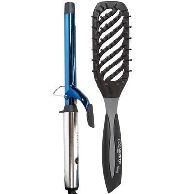 Babyliss Pro Nano Titanium 1" Compact Full Power Curling Wand BNTMWUC + Conair Pro Ergo-Grip Vented Brush