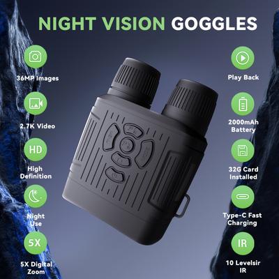 TEMU Infrared Night Vision Binoculars For Adults - 10x Digital , 32gb Memory Card, 2k Hd Video & 1080p Full Hd Photos, Type-c Fast Charging, Abs Black, Camping, Hunting &