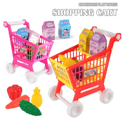 Shopping Cart Toys, Trolley for Groceries Supermarket Playset Fruit Vegetables Play Food Role Kitchen Store Toys for 3+ Kids
