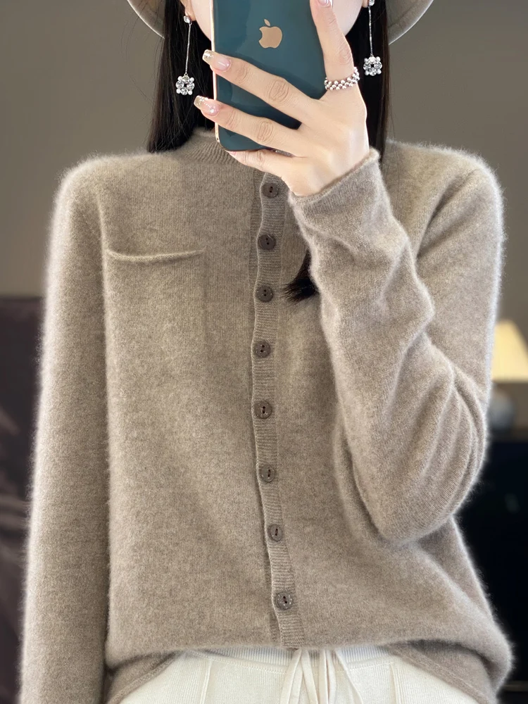 New Fashion Women Sweater Spring 100% Merino Wool Cardigan Ruffled-collar Sweater Female Clothing Cashmere Knitwear Tops