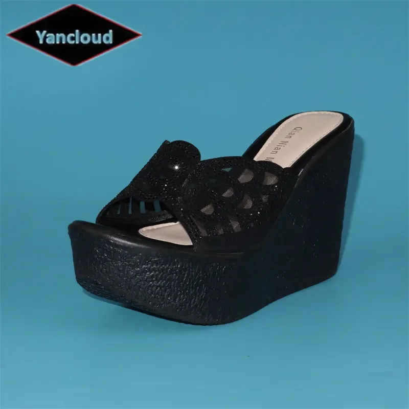 Plus Small Size 32-43 Cutout Soft Leather Wedding Shoes Summer Slippers 2026 Women's Chunky Platform Wedges Slides for Office