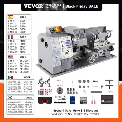 VEVOR 750W Metal Lathe 8" x 16" (210mm x 400mm) Variable-Speed Benchtop Digital Display for Metal Turning Drilling & Threading