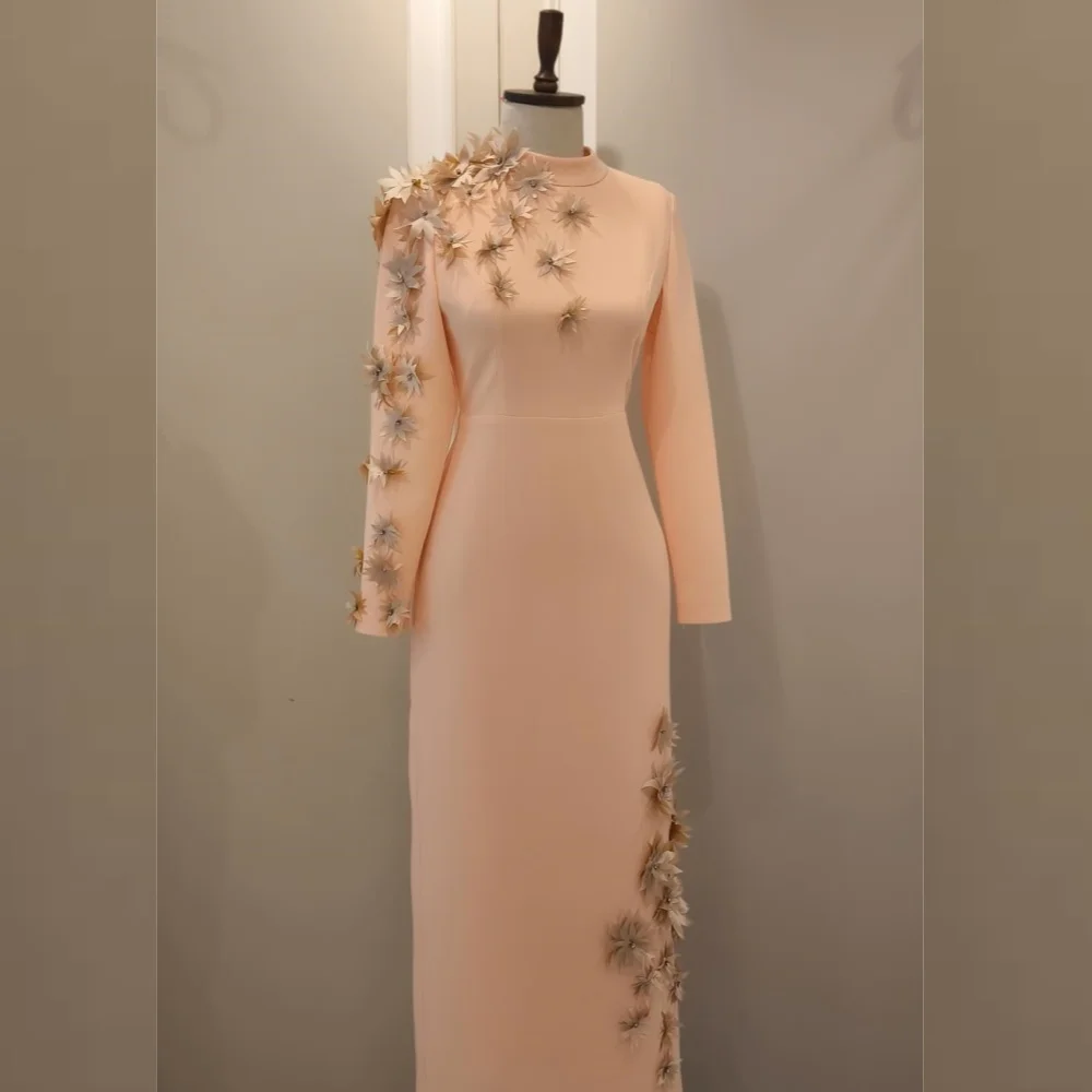 Customized Jersey Flower Beading Ruched Formal Evening A-line High Collar Bespoke Occasion Gown Midi Dresses