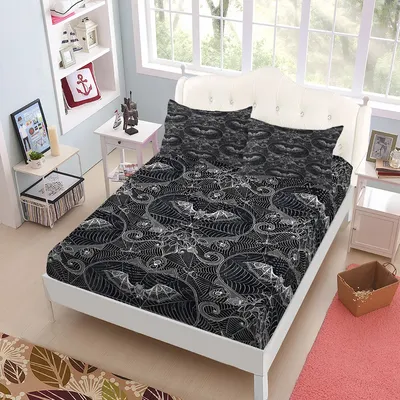 Gothic Haunted Bats Pattern Fitted Sheet Set King Queen Double Full Size Bed Linen Set