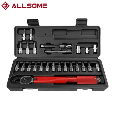 ALLSOME 1/4" 2-24Nm/2-14Nm Adjustable Torque Wrench Bicycle Repair Tools Kit Set Tool Bike Repair