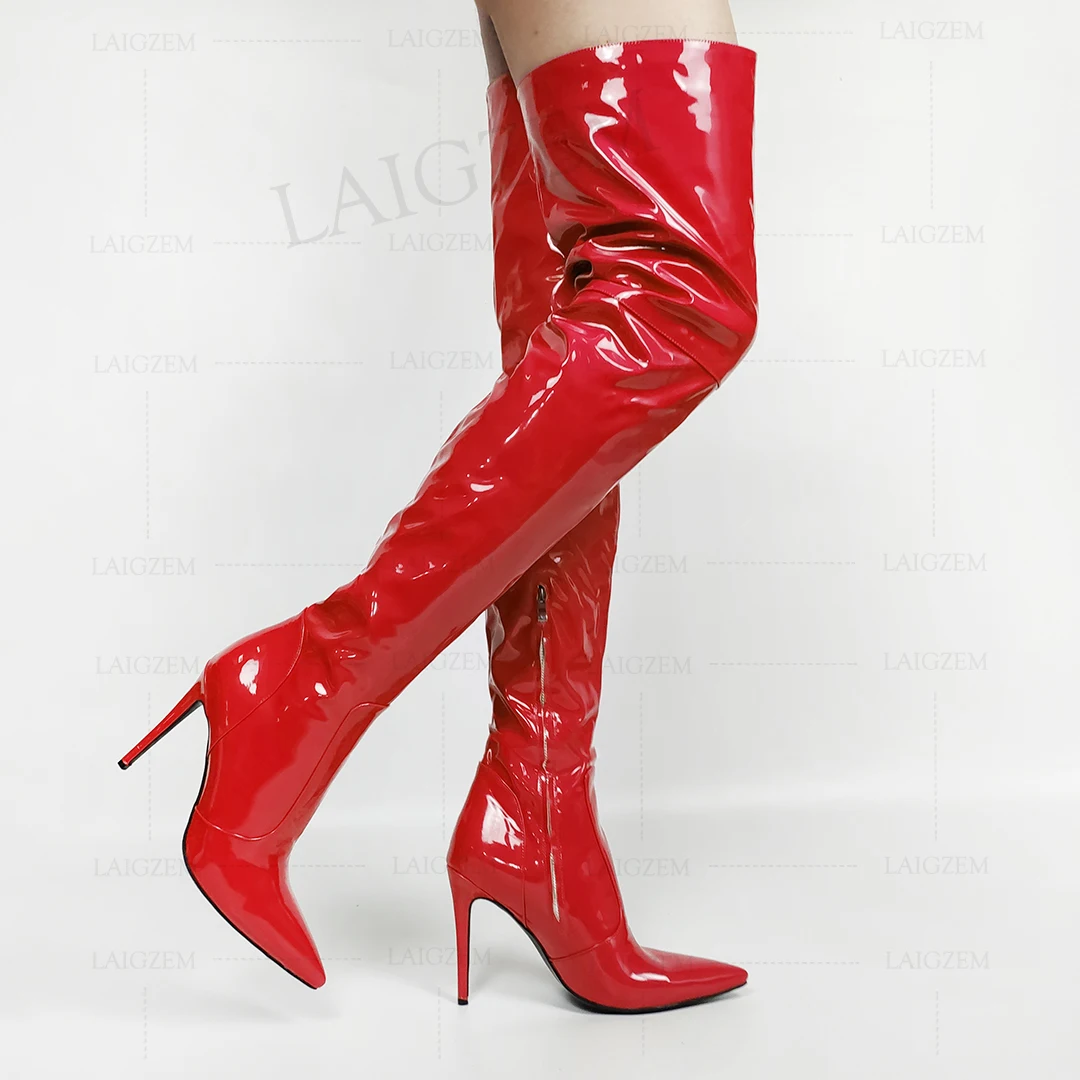 LAIGZEM Frauen Oberschenkel Hohe Stiefel Patent Shiny Stiletto High Heels Stiefel Grundlegende Party Club Damen Schuhe Frau Große Größe 43 44 47 48