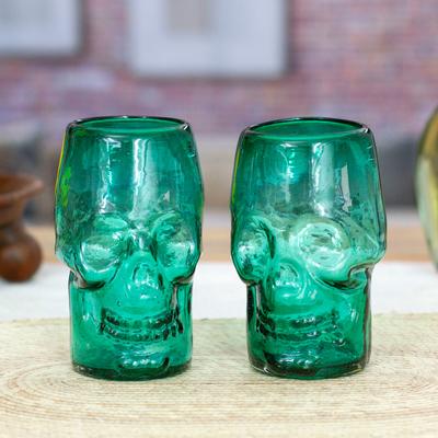 '2 Mint Green-Hued Handblown Recycled Glass Skull Tumblers'