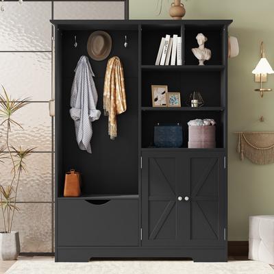 Multi-functional Hall Tree with Storage Shelves Drawers,Shoe Cabinet with Bench,Coat Rack