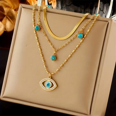 TEMU 1 Pc Multi-layer Stainless Steel Golden Necklace With Beads & Resin Eye Pendant, Boho Vintage Style Fashion Jewelry For Parties And Gifts Image