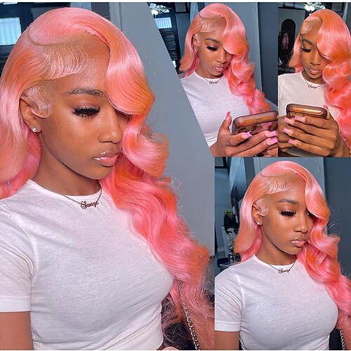 Remy Menschenhaar 13x4 Spitzenfront Perücke Freier Teil Peruanisches Haar Große Wellen Rosa Perücke 150% Haardichte mit Babyhaar Leimlos Vorgerupft Für Perücken für schwarze Frauen Lang Echthaar Image