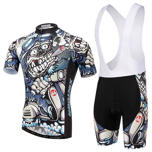 21Grams Herren Radtrikot mit Radhose kurz Trägern fahrradbekleidung set Kurzarm MTB Mountain Rennrad Winter Schwarz Blau Totenkopf Motiv Fahhrad 3D-Pad Atmungsaktiv Rasche Trocknung Elasthan Image