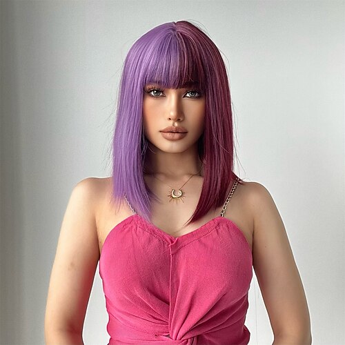 Synthetische Perücken Uniformen Karriere Kostüme Prinzessin Glatt Kinky Glatt Mittelteil Stufenhaarschnitt Maschinell gefertigt Perücke 14 Zoll Rosa / Lila Synthetische Haare Damen Cosplay Party Image