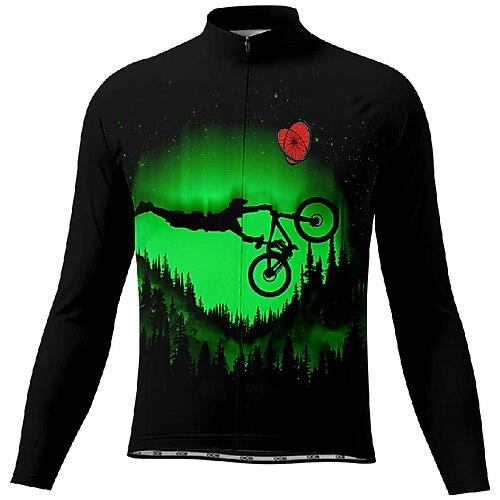 Herren Radtrikot Grafik Langarm Fahhrad T-Shirt Trikot mit 3 Gesäßtaschen Mountainbike MTB Schnelltrocknend Anatomisches Design Feuchtigkeitsableitend Atmungsaktiv Sport Blau Grün Bekleidung Image