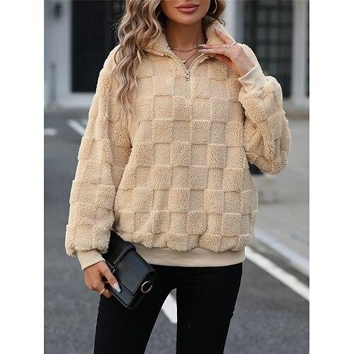 Damen Sweatshirt Casual Sherpa Fleece Uni Street Alltag Rollkragen Reißverschluss Langarm Beige Herbst Winter