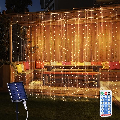 Solarvorhanglichter Außen Fernbedienung 8 Modi Beleuchtung Feenlicht 3x3m 300LEDs IP65 wasserdichte Lichterkette Party Hochzeit Zuhause Garten Wand Wohnzimmer Schlafzimmer Dekoration Image