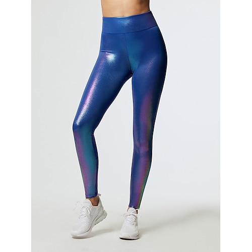 Per donna Collant Ghette PU (Poliuretano) Blu Bianco Vita alta Moda Hip-hop Serata Fitness Con lustrini Elasticizzato Lunghezza intera Comfort Scintillante S M L XL / magro