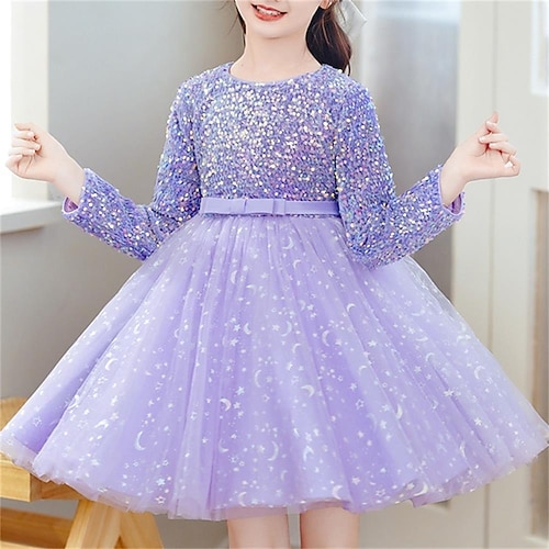 kinderkleidung Mädchen Kleid Einfarbig Langarm Party Täglich Pailletten Schleife Elegant Kuschelig Polyester Knielang Tüll-Kleid Frühling Herbst Winter 3-12 Jahre Purpur Image