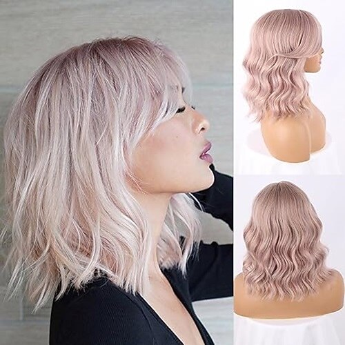 Kurze gewellte Bob-Perücke mit Vorhangpony, kurze gewellte Perücke mit dunklen Wurzeln, Bob-Perücken für Frauen, natürlich aussehende gewellte Bob-Perücke mit Pony Image