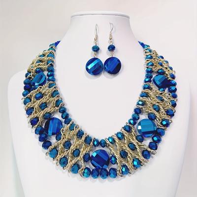 TEMU Boho Tribal Style Jewelry Set - Handcrafted Artificial Crystal Necklace And Earrings Set With Glass Mosaic, No Plating - Versatile For Daily Wear & Gift-giving