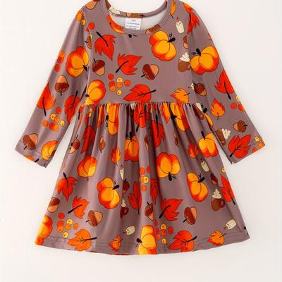 TEMU Girls' Fall Pumpkin And Leaf Print Casual Fashionable Dress