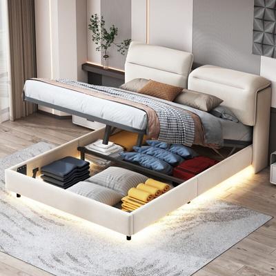 Polsterbett 140x200 cm mit LED-Beleuchtung, Kopfteil mit Stauraum, Lattenrost, Doppelbett mit Image