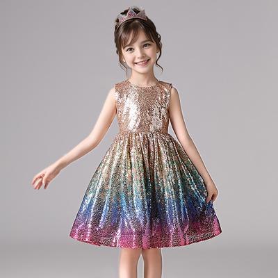 Kids Girls' Rainbow Sequin Dress Birthday Party Festival Sequins As Picture Knee-length Sleeveless Princess Sweet Dresses Children's Day Summer Regular Fit 3-12 Years