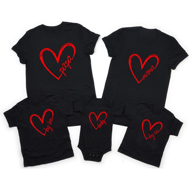 Family T shirt Family Sets Cotton Heart Letter Street Print Black White Dark Grey Short Sleeve Mommy And Me Outfits Active Matching Outfits