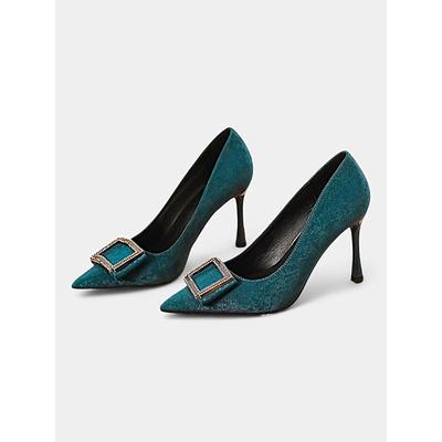 Luxury Women's Teal Velvet Pointed Toe Heels with Crystal Buckle – Elegant Stiletto Shoes for Formal Events, Parties, and Weddings