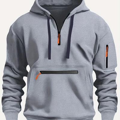 TEMU Solid Hooded Half Zip Long Sleeve Sweatshirt With Zippered Pocket For Men, Casual Hoodie For Winter And Fall