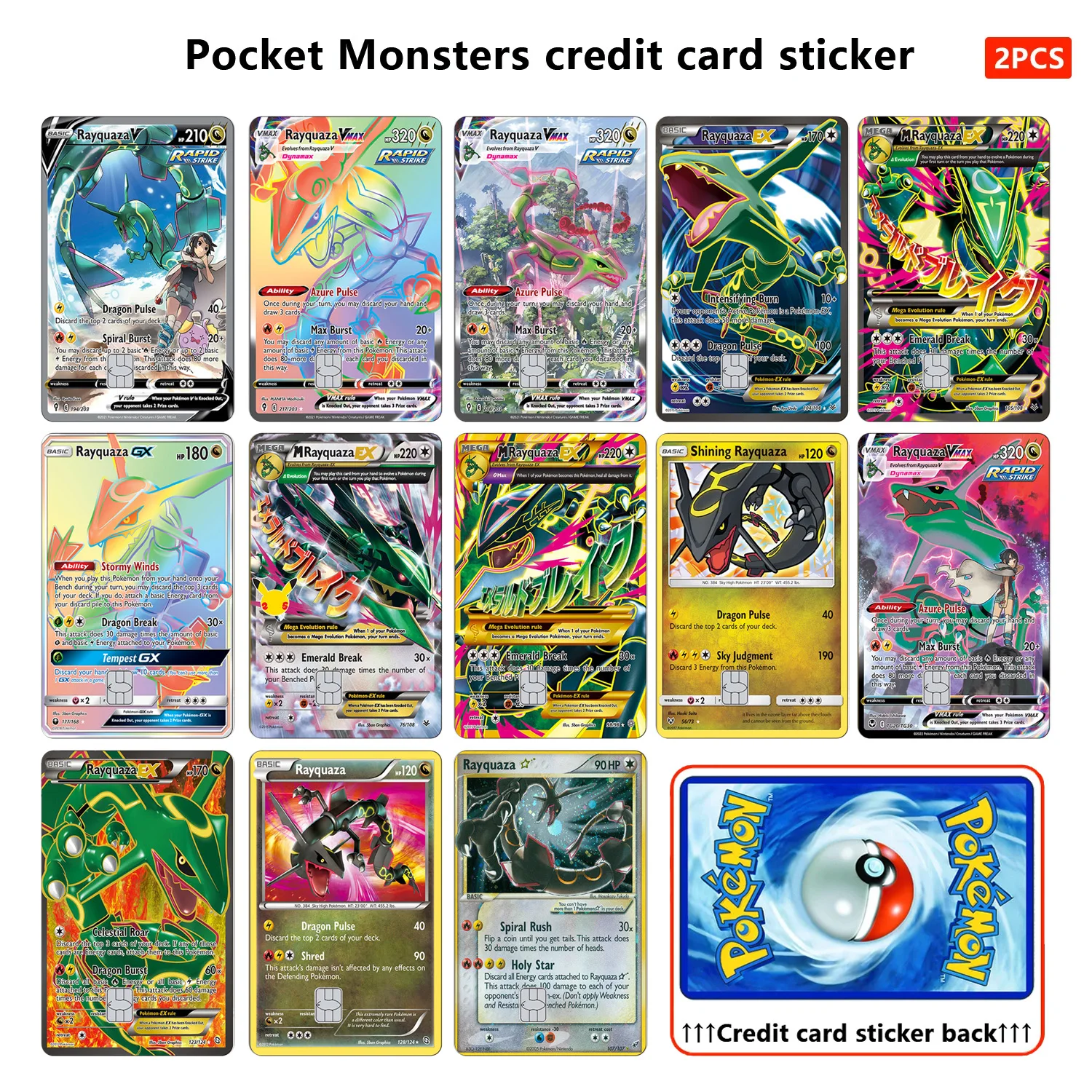 Autocollants de peau de carte de crédit PTCG, autocollant série Rayquaza pour carte de crédit VISA, décoration de débito, pas de résidus adhésifs, étanche à l
