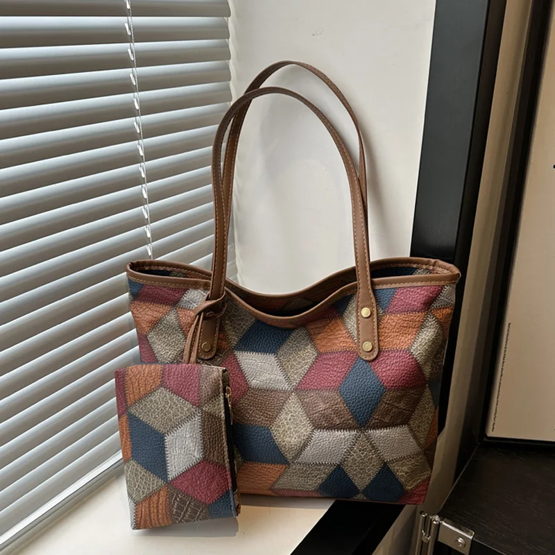 Sacs fourre-tout décontractés en cuir PU Patchwork Vintage pour femmes, sac à bandoulière de grande capacité, sacs à main et bourses pour dames