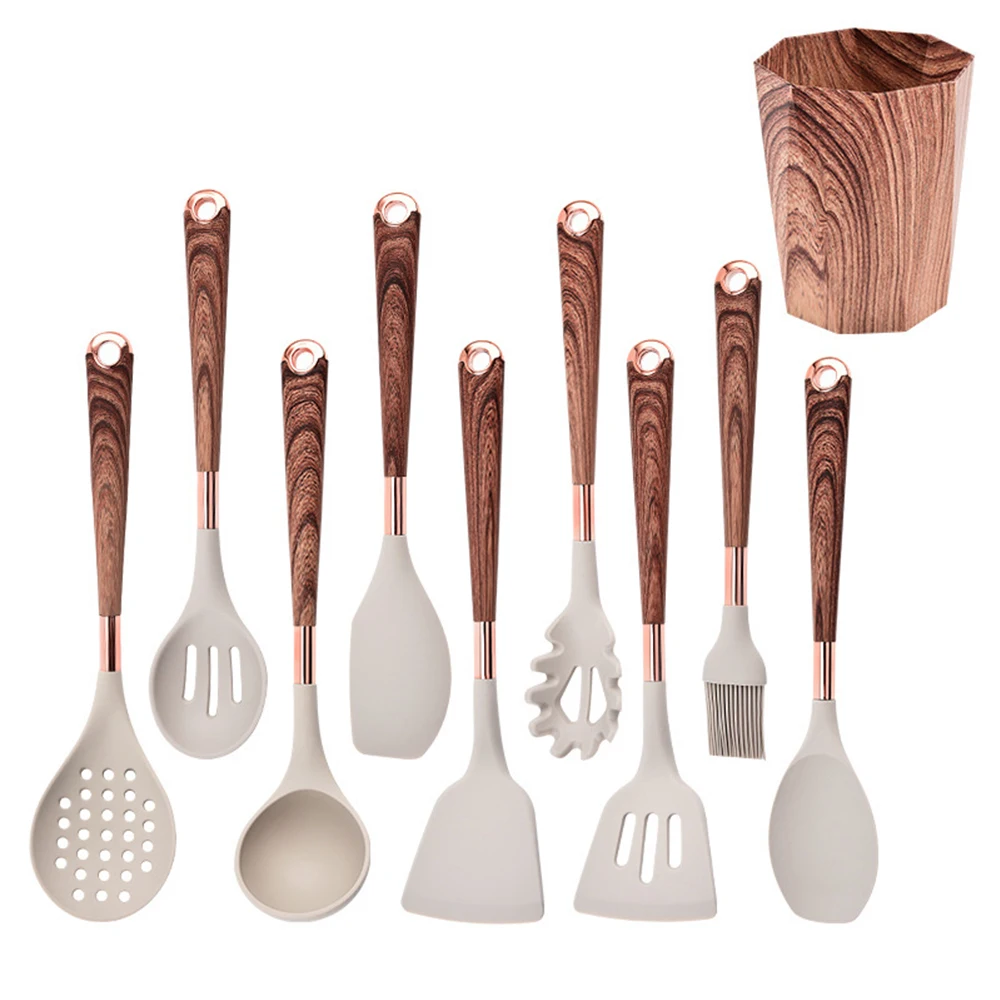 LMETJMA – ensemble d'ustensiles de cuisine en Silicone, 10 pièces, ustensiles de cuisine avec porte-ustensiles, poignées à motif en bois, ustensiles de cuisine antiadhésifs JT264