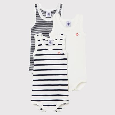 Pack of 3 Sleeveless Bodysuits in Striped Organic Cotton