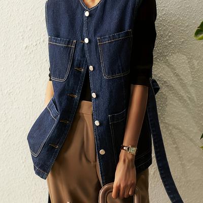 TEMU Plain Washed Up Sleeveless Tie Belt Chic Denim Jacket, Women's Denim Jeans & Clothing