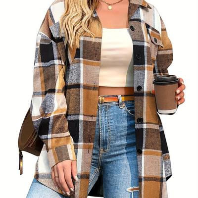 TEMU Elesol Women's Plus Size Shacket Jacket In Flannel Plaid - Long Sleeve Button-down Shirts For Casual Fall Wear