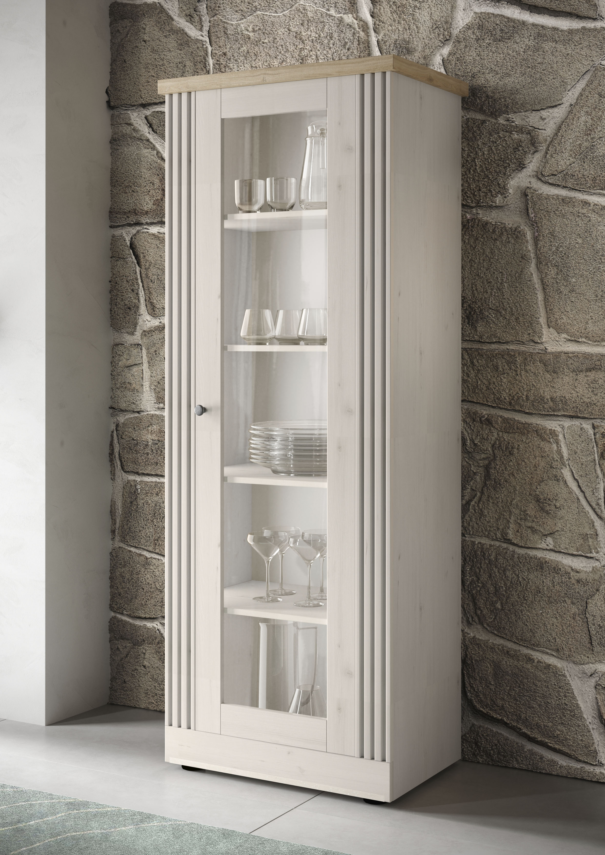 Vitrine HOME AFFAIRE "Country Höhe 192 cm, Hochschrank mit 1 Tür, Anrichte, Standvitrine", beige (eiche meringa nb, eiche cadiz nb), B:72cm H:192cm T:44cm, Schränke, Vitrine, im Landhausstil, viel Strauraum, mit Metallgriff, MDF Rahmen
