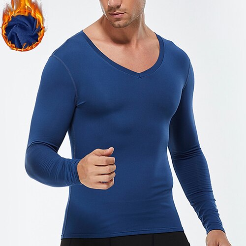 Herren Lauf-T-Shirt Langarm T-Shirt Lässig Athleisure Herbst Winter V Ausschnitt Einfarbig Fleece Thermowarm Weich Atmungsaktiv Fitnesstraining Gehen Joggen Sportbekleidung Sportkleidung Schwarz Wei Image