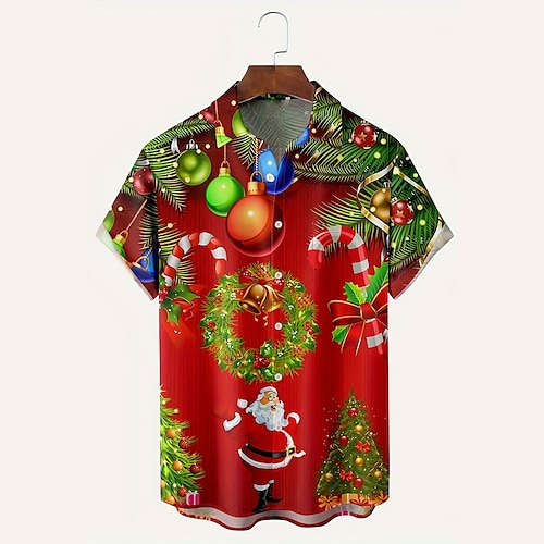 Weihnachten Herren Weihnachtsszene Hawaiihemd Farbblock Weihnachtsmann Elch Casual Aloha Outdoor Kleidung Alltagskleidung Streetwear Herbst Turndown Kurzarm Schwarz Rot Burgund S M L Polyester Normal Image