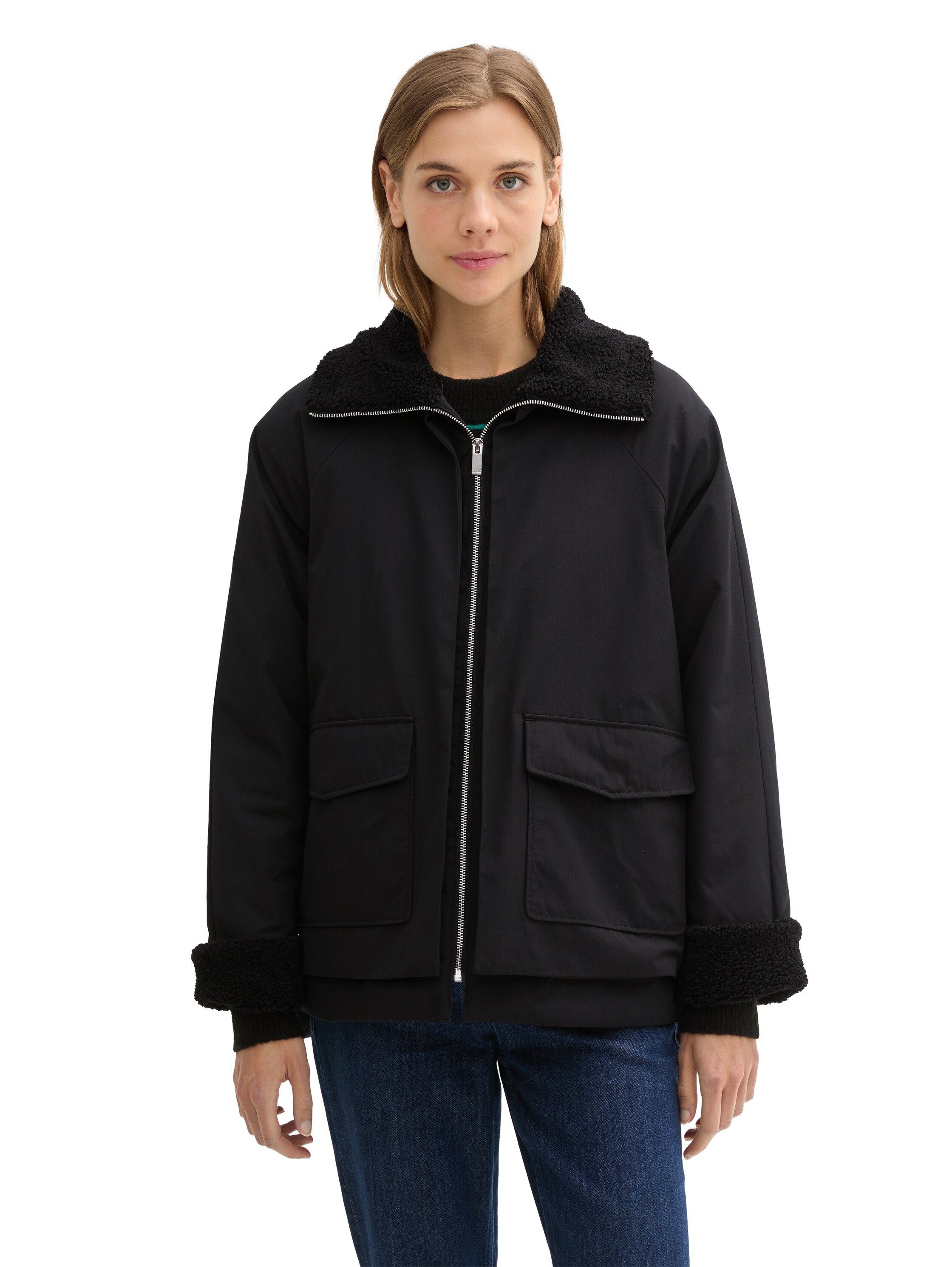 Hybridjacke TOM TAILOR DENIM, Damen, Gr. XXL(44), schwarz (deep schwarz), Obermaterial: 85% Polyester, 15% Baumwolle. Futter: 100% Polyester, unifarben, Casual, regular fit Po-bedeckend, ohne Ausschnitt, Aufschlag, Jacken, mit fake Teddy Fell