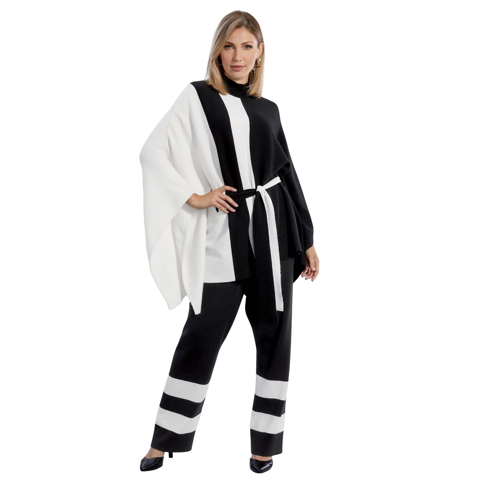 Masseys Colorblock Sweater Pant Set (Size 1X) Black-White, Nylon,Synthetic,Viscose